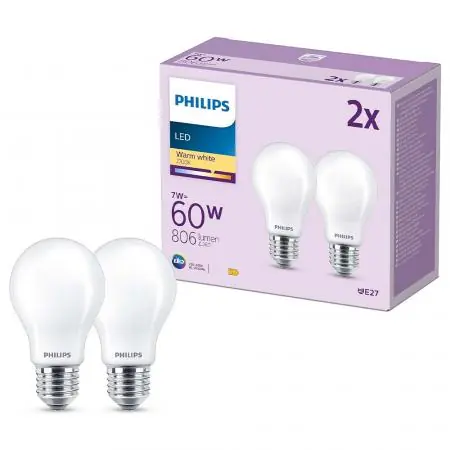 Direktkauf Philips LED Lampen Set 2x E27 A60 7W 2700K Warmweiß – energieeffiziente Leuchtmittel für klassische Raumbeleuchtung