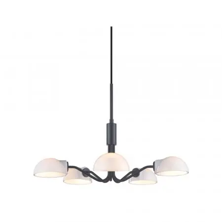 Markenprodukt Halo Design 5-flammiger Mini-Kronleuchter Kjøbenhavn mit halbrunden Opalglasschirmen schwarz purer Minimalismus