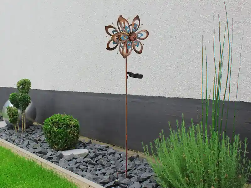 Kracherpreis Globo Solar Gartenstecker Windrad mit Erdspieß in Kupfer patiniert & Blau, Höhe 92cm