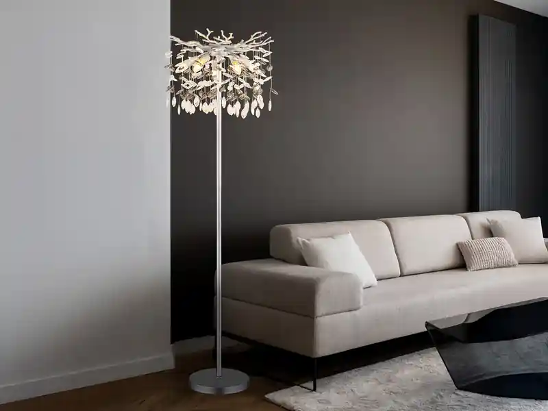 Globo Ausgefallene Stehlampe QUEENA Silber mit Glas Kristall 2-farbig, Höhe 155cm Highlight
