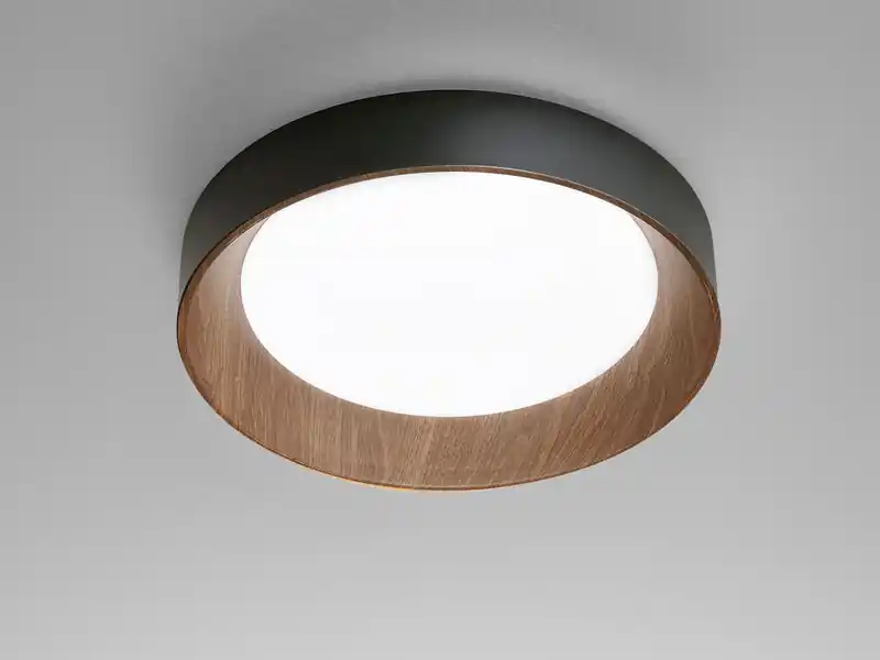Rabatt LUCE Design LED Deckenleuchte ARKA Schwarz mit Holzoptik & 3 Lichtfarben, Ø 40cm