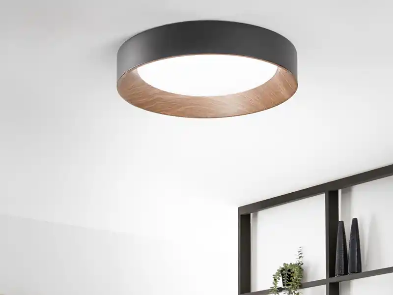 LUCE Design LED Deckenleuchte ARKA Schwarz mit Holzoptik, hell & 3 Lichtfarben Ø 50cm Jetzt Kaufen