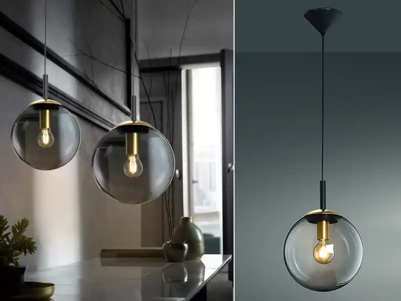 Neue Ware meineWunschleuchte LED Pendelleuchte einflammig Rauchglas Schwarz mit Messing Kugel, Ø 25cm