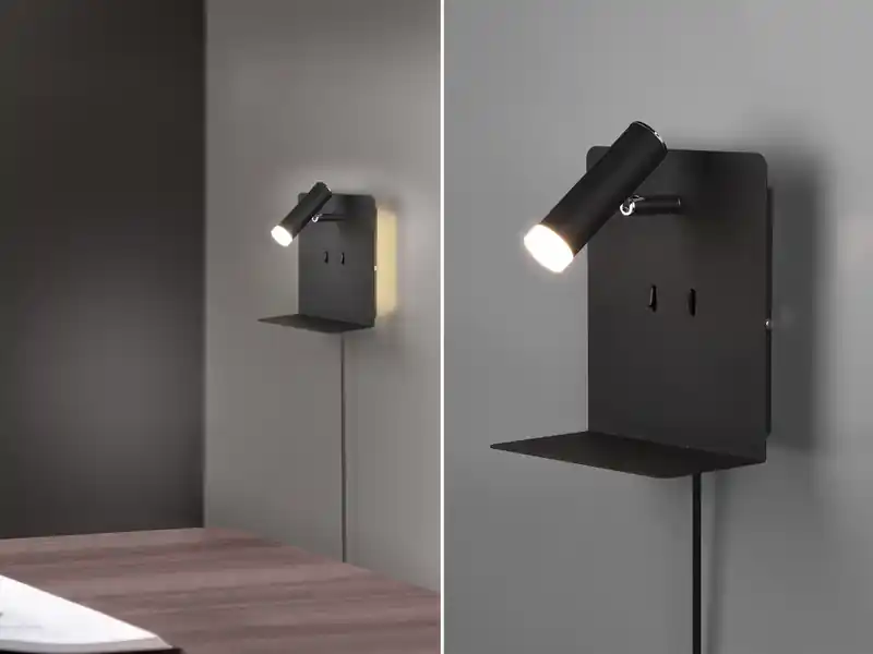 Highlight Trio Leuchten LED Wandspot ELEMENT Schwarz mit Schalter, Stecker & USB, Breite 16cm