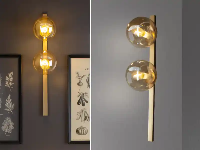 ECO-LIGHT Außergewöhnliche Wandlampe PLUTO Messing 2 flammig - Glaskugel Amber Aktuell