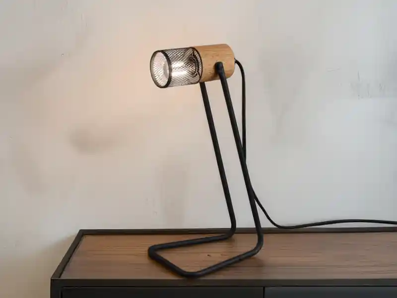 meineWunschleuchte Industrial LED Tischlampe Metallgeflecht Metallschirm und Holzsockel, Höhe 40cm Sofort Bestellen