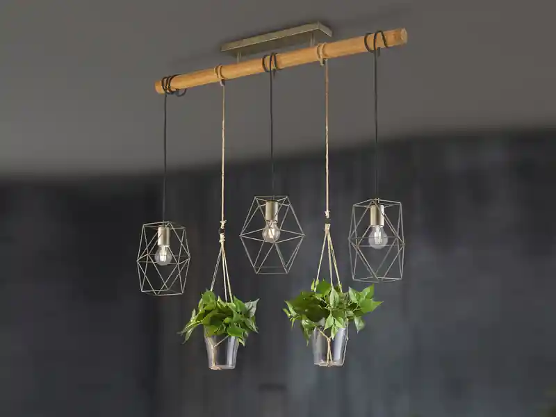 meineWunschleuchte Vintage LED Balkenpendelleuchte 3-flammig mit Naturholz für Pflanzen Zertifiziert