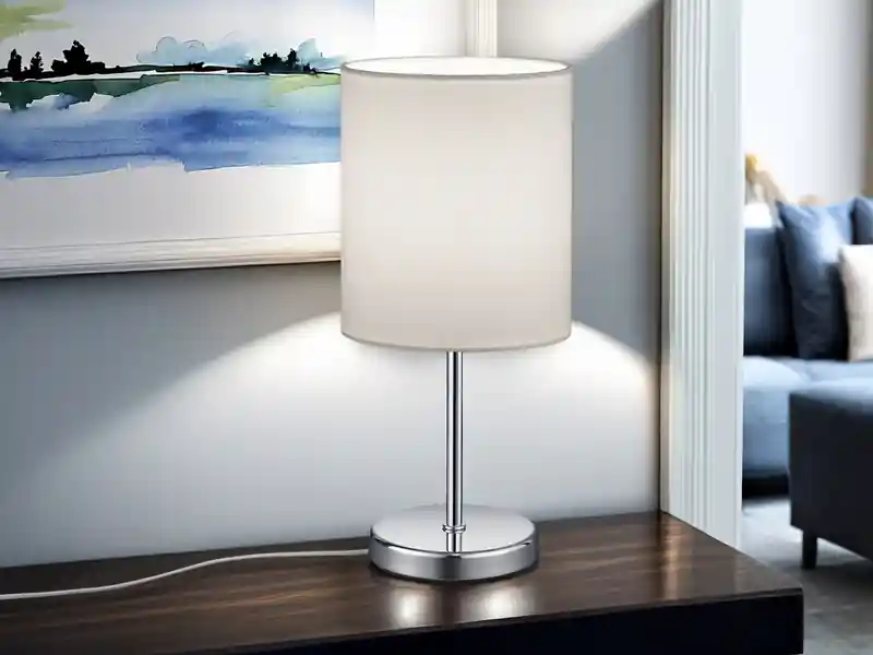 Beliebt meineWunschleuchte LED Tischleuchte Chrom mit Stoffschirm in Weiß, Höhe 28cm