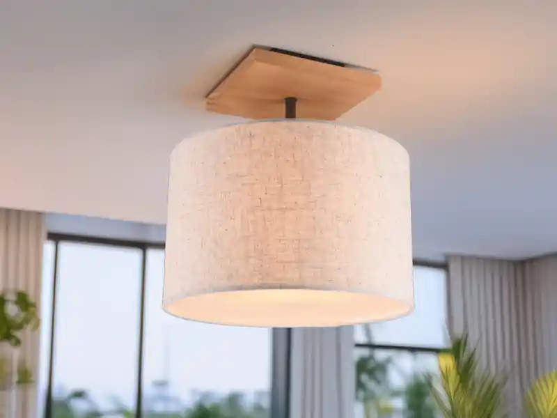 Direkt Vom Hersteller Trio Leuchten Deckenleuchte ELMAU mit Stoffschirm in Beige und Naturholz Sockel, Ø 36cm