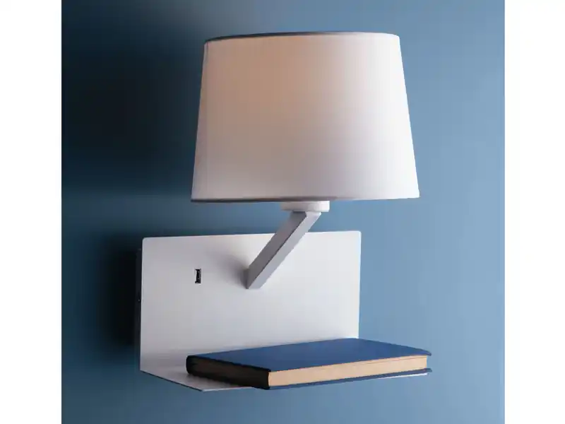 Preisreduziert ECO-LIGHT LED Wandleuchte Weiß & Stoffschirm mit USB Ladefunktion & Ablage, Höhe 31cm