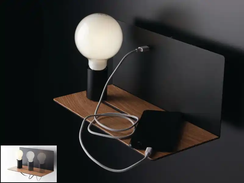 Expressversand ECO-LIGHT USB Wandleuchte FLASH Schwarz mit verstellbarer Lampe, Ladefunktion & Ablage