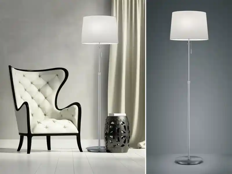 Trio Leuchten Stehleuchte LYON Silber mit Stoffschirm Weiß, Höhe 138-180cm verstellbar Neu