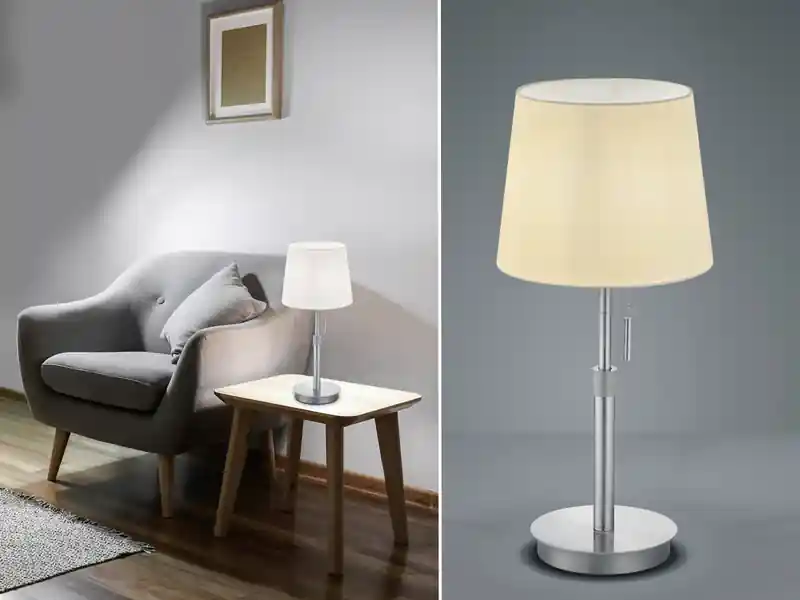 Bestpreis meineWunschleuchte LED Tischleuchte Silber mit Stoffschirm Weiß, Höhe 45-56cm verstellbar