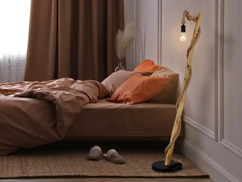 meineWunschleuchte LED Stehleuchte mit Hanfseil und Holzstab, Höhe 150cm Neu Im Sortiment