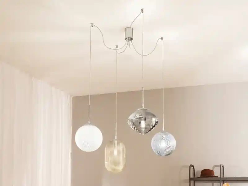 Neu Im Sortiment meineWunschleuchte LED Pendelleuchte mit 4 Relief Glas Lampenschirmen, Abhängung bis 250cm
