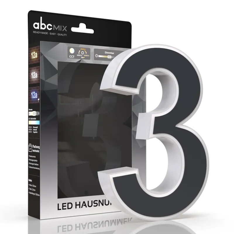 LED Hausnummer 3 inkl. Anthrazit-Cover - CCT 12V 2700K/4000K/6500K Mega-Angebot