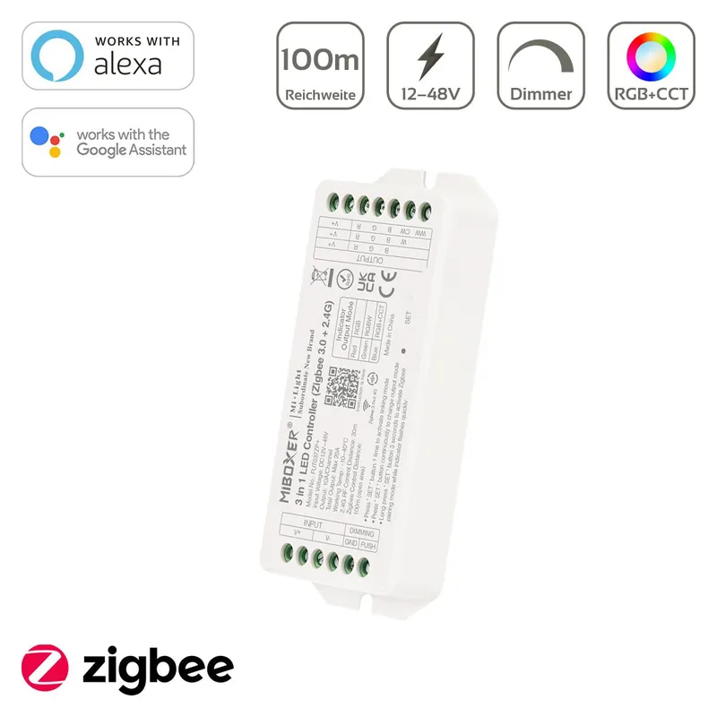 Zertifiziert MiBoxer Zigbee 3.0 + 2.4GHz RGB/RGBW/RGB+CCT LED Controller 3 in 1 / 5 Kanal 12/48V Tuya Alexa Google Steuerung FUT037ZP+