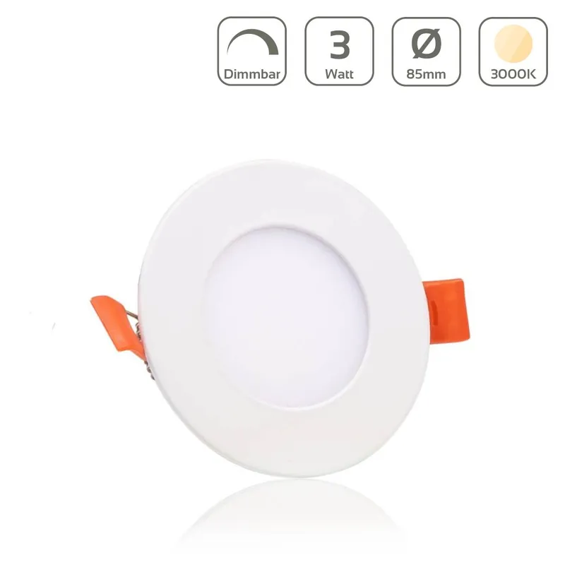 Preisreduziert LED Panel Einbaustrahler rund weiss dimmbar - Lichtfarbe Warmweiß 3000K - Ausführung 3W Ø85mm Ausschnitt Ø75mm