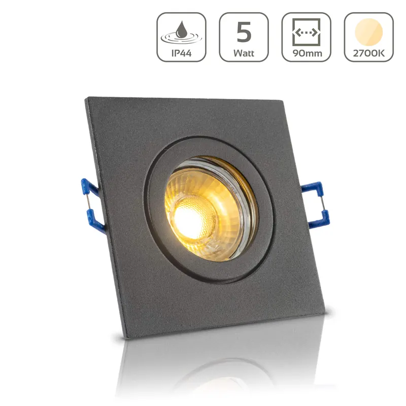 Super-Preis Einbauspot IP44 eckig - Farbe Anthrazit - LED Leuchtmittel GU10 5W warmweiß