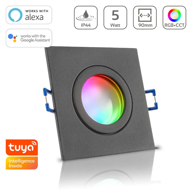 Preisreduziert Einbauspot IP44 eckig - Farbe Anthrazit - LED Leuchtmittel GU10 5W RGB+CCT Smart Tuya