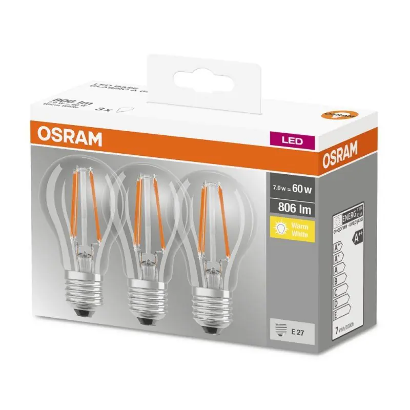 Neue Kollektion Osram LEDbase Classic A Filament 7-60W/827 LED E27 klar 200° 806lm echt warmweiß nicht dimmbar 3er Pack