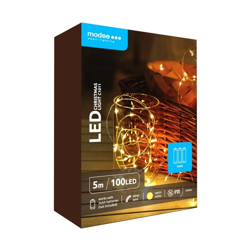 Modee Lichterkette 5m 100 LED flexiblen Draht silber 1W 2700K 360° IP20 4,5V batteriebetrieben 3xAA, (Batterien nicht enthalten) Garantierte Lieferung